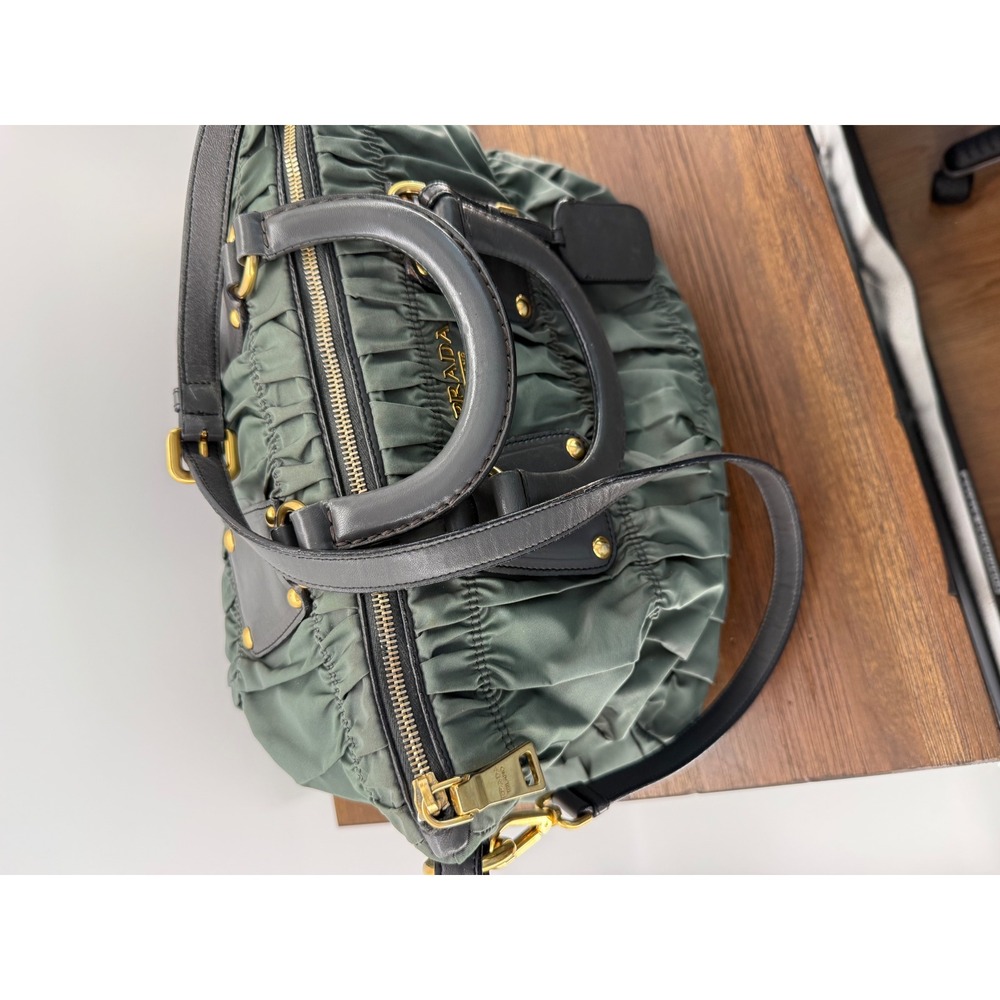 Prada Tessuto Gauffre Ruched Nylon Leather Satchel Bag Green Black Gold Hardware - Picture 9 of 11
